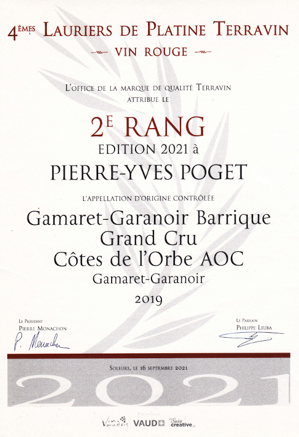 Diplme Lauriers de platine Terravin 2021 - Gamaret-Garanoir Barrique 2019 (PDF: cliquer ICI)